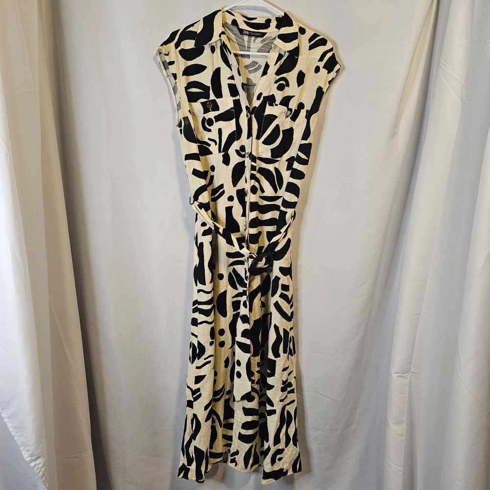 Zara Shirt‎ Dress Womens Small Cream Black Abstract Graphic Belted Midi Gold